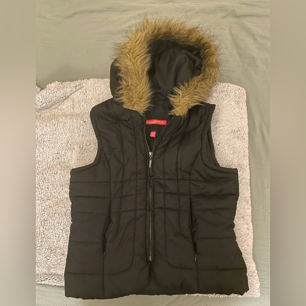 Jennyfer J Pleated Mini Vest, Faux Fur Hood Size Small